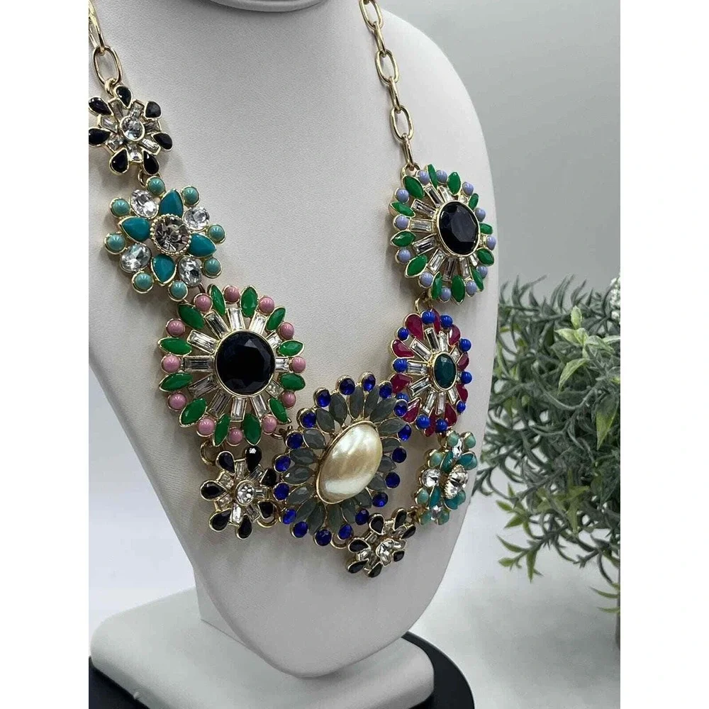 J. Crew Statement Brulee Starburst Runway Floral Gemstone Necklace Multi Color